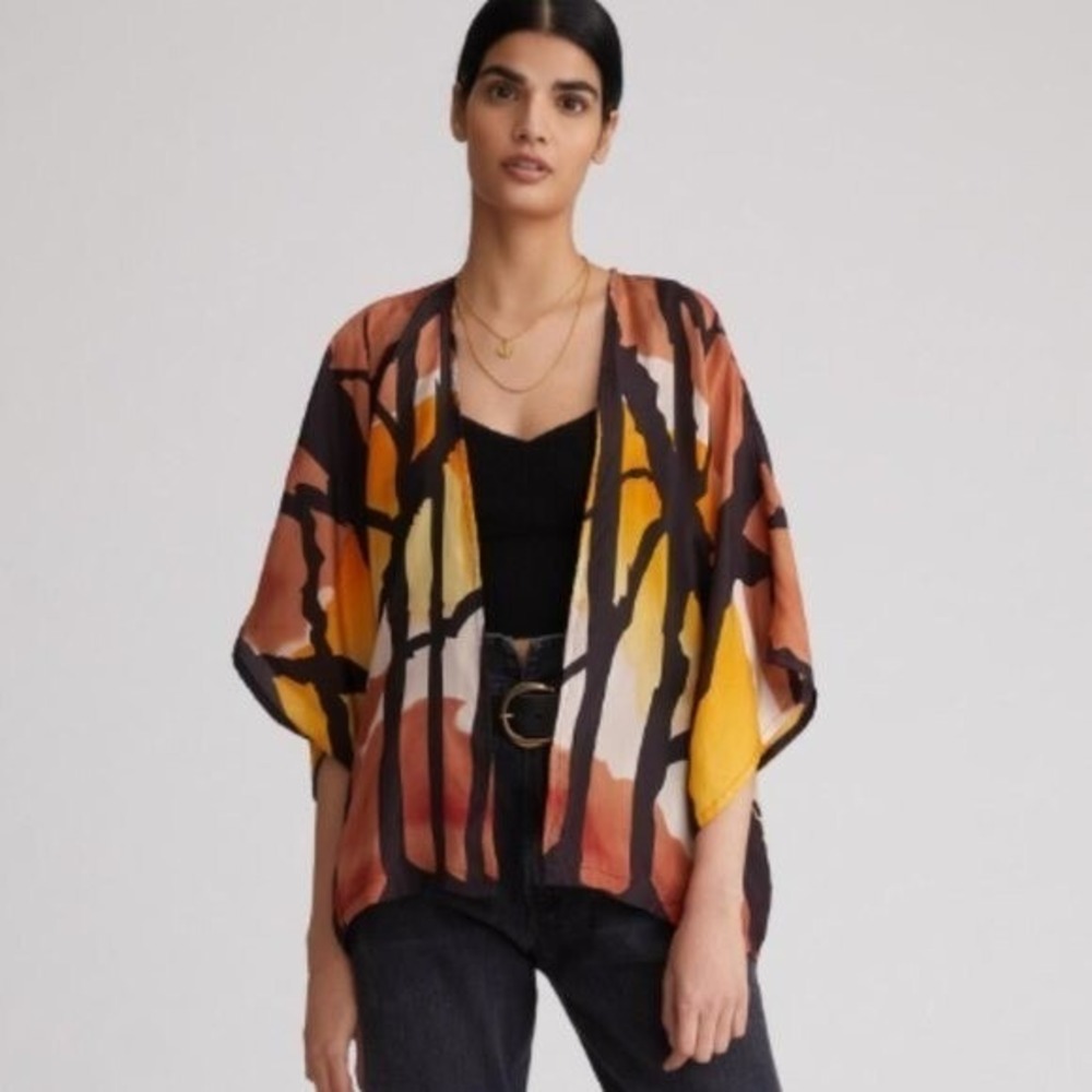 Mes Demoiselles Paris Silk Kimono Wrap Top Abstract Forest Orange Brown M